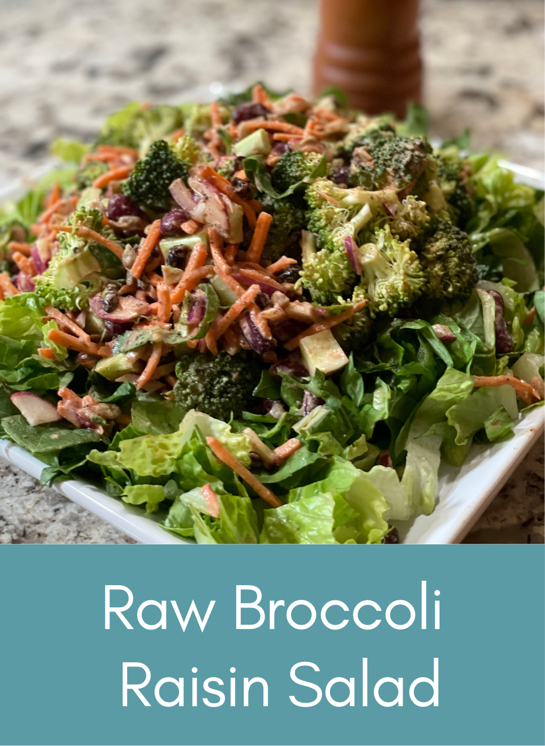 Plant-based whole food raw broccoli raisin salad Picture with link to recipe