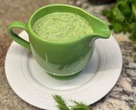 Whole food plant based dressing called the green goddess Picture with link to recipe