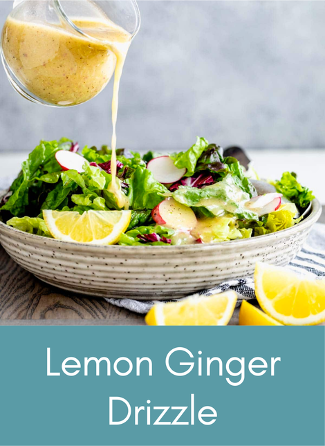 Lemon ginger drizzle dressing over a whole food salad Picture with link to recipe