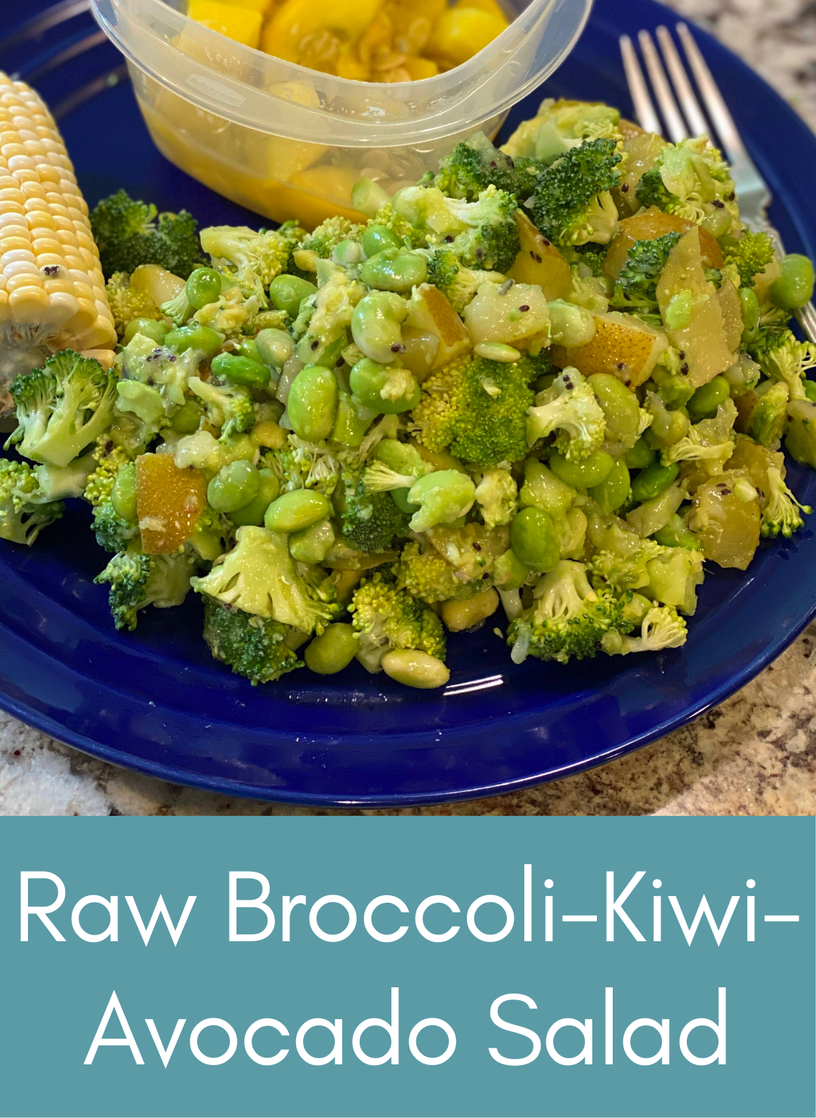 Raw vegan broccoli kiwi avocado salad Picture with link to recipe