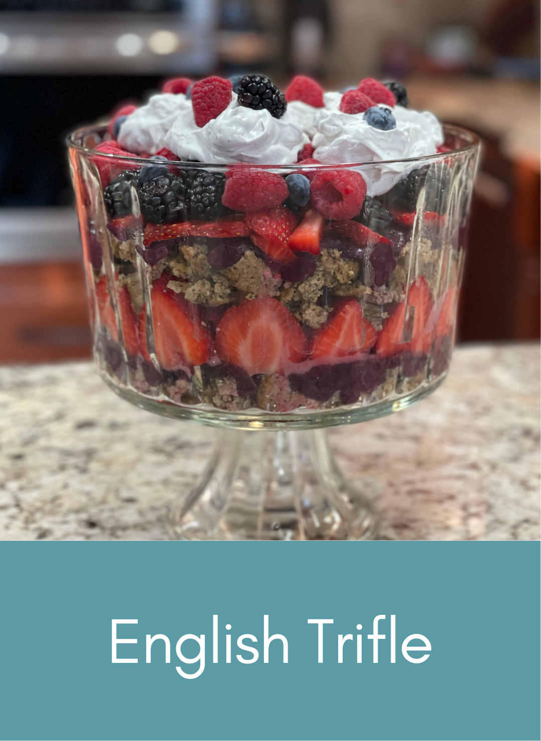 English style trifle layered with strawberries blueberries blackberries and whole wheat lemon muffins Picture with link to recipe