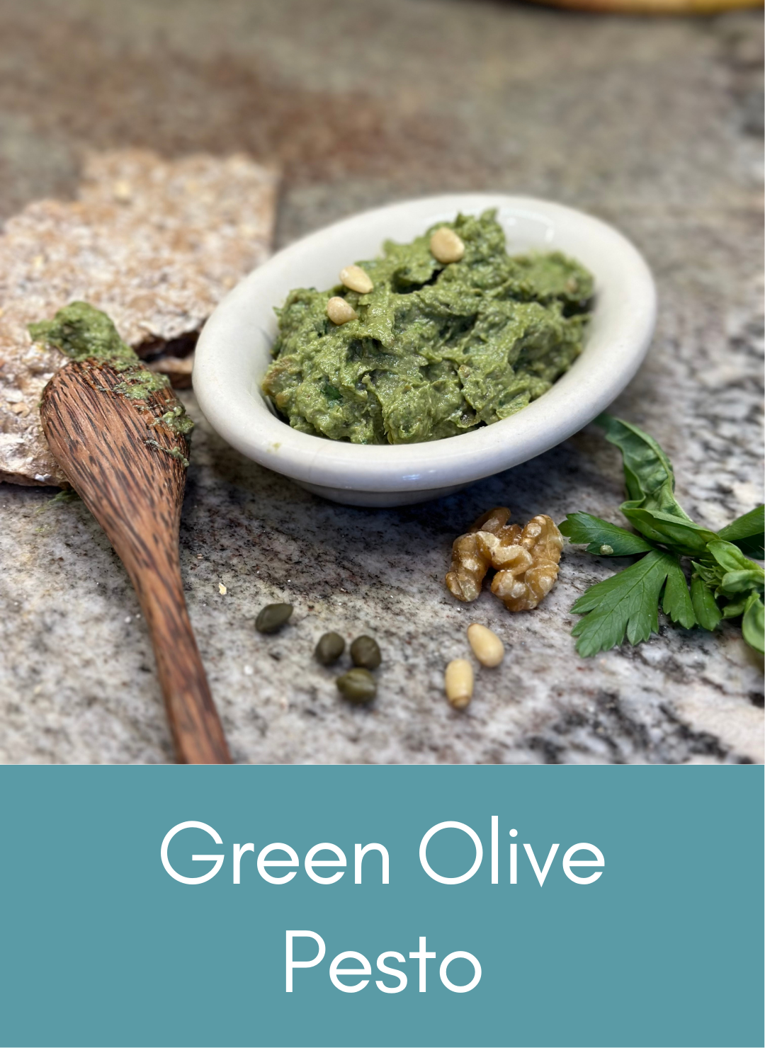 Whole food plant based green olive pesto sauce Picture with link to recipe