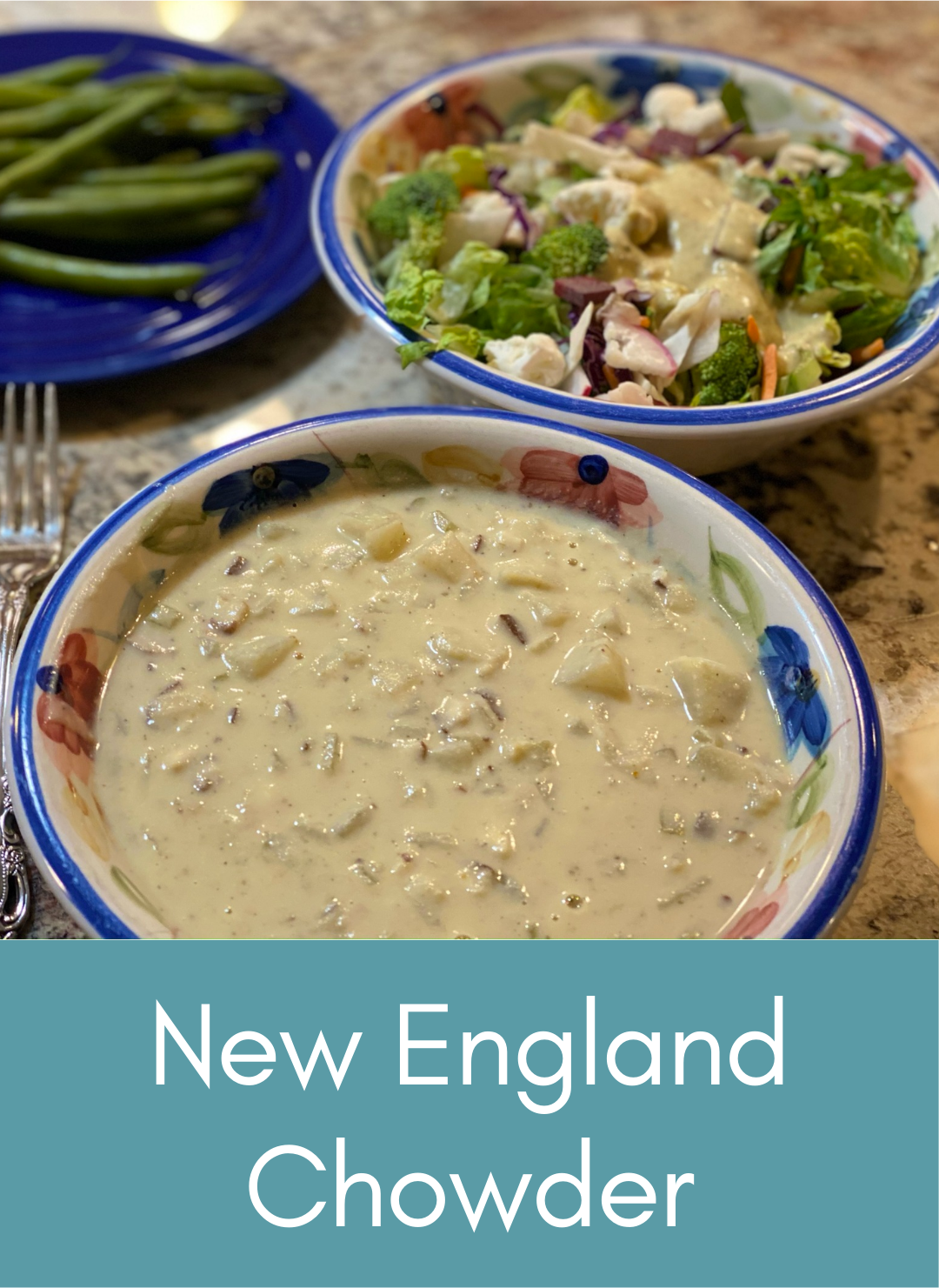 Bowl of whole food plant based vegan new England chowder Picture with link to recipe