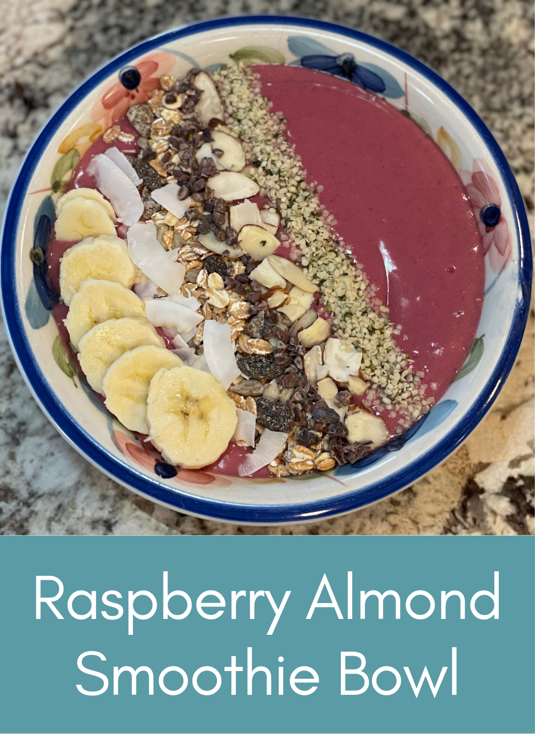 Raspberry almond plant based whole food vegan smoothie in a bowl Picture with link to recipe