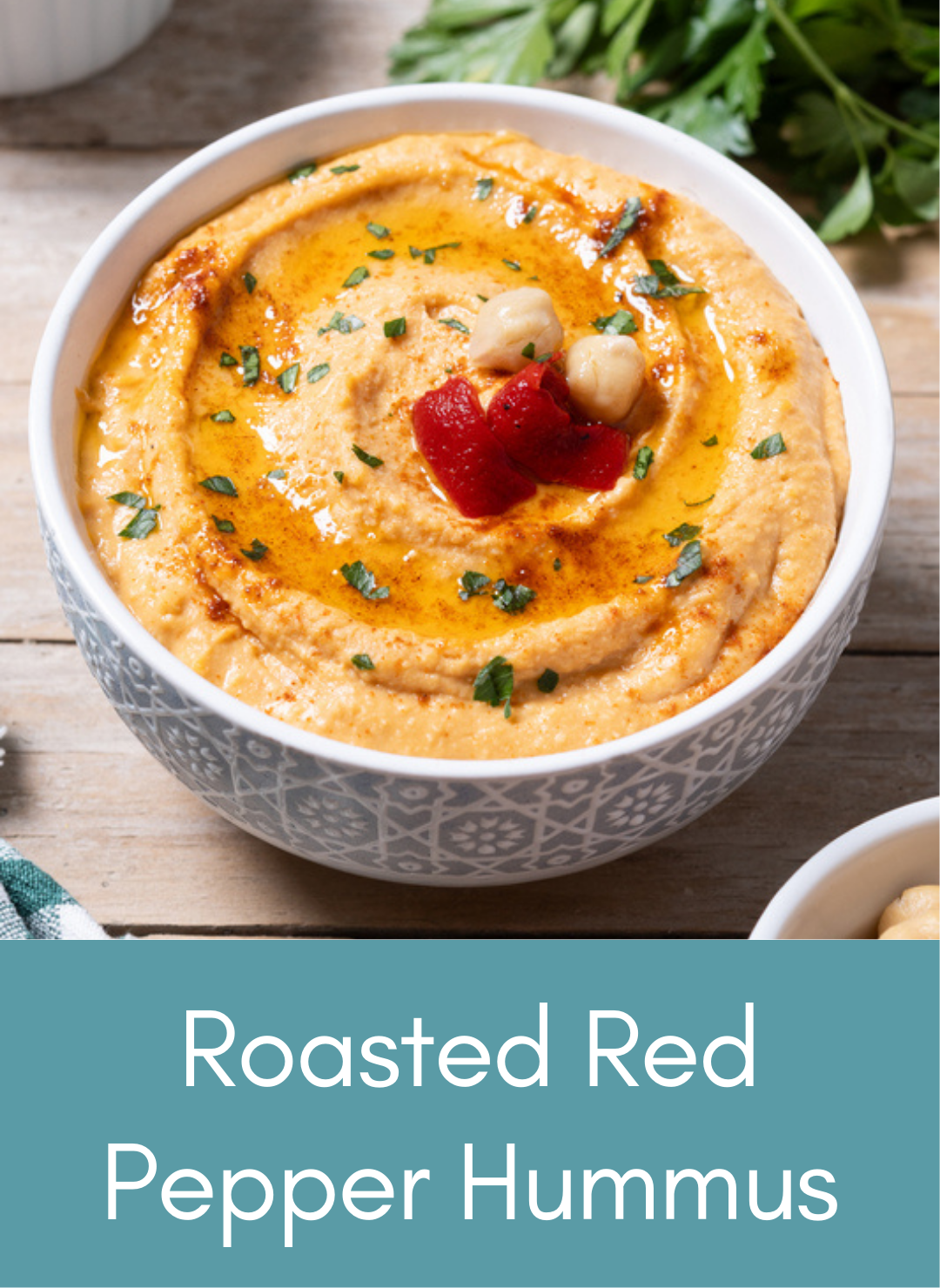 Whole food plant based roasted red pepper hummus Picture with link to recipe
